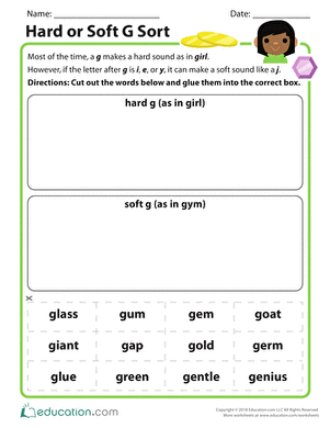 Second grade reading worksheet for sorting hard and soft "g" sounds, featuring examples like goose and giraffe