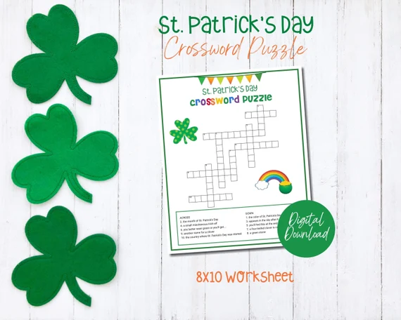 St. Patrick's Day themed crossword puzzle worksheet for second graders focusing on geometry vocabulary