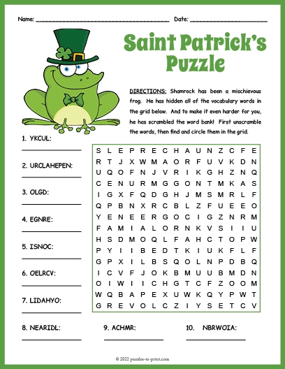 St. Patrick's Day themed crossword puzzle worksheet for second graders focusing on geometry concepts
