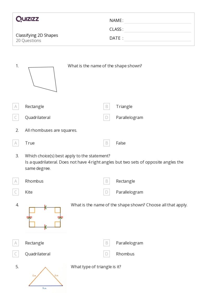 2-D Shapes Fill in the Table worksheet for elementary geometry practice Second grade geometry worksheet showing a table to fill in with properties of 2-D shapes including circles, triangles, pentagons, and hexagons