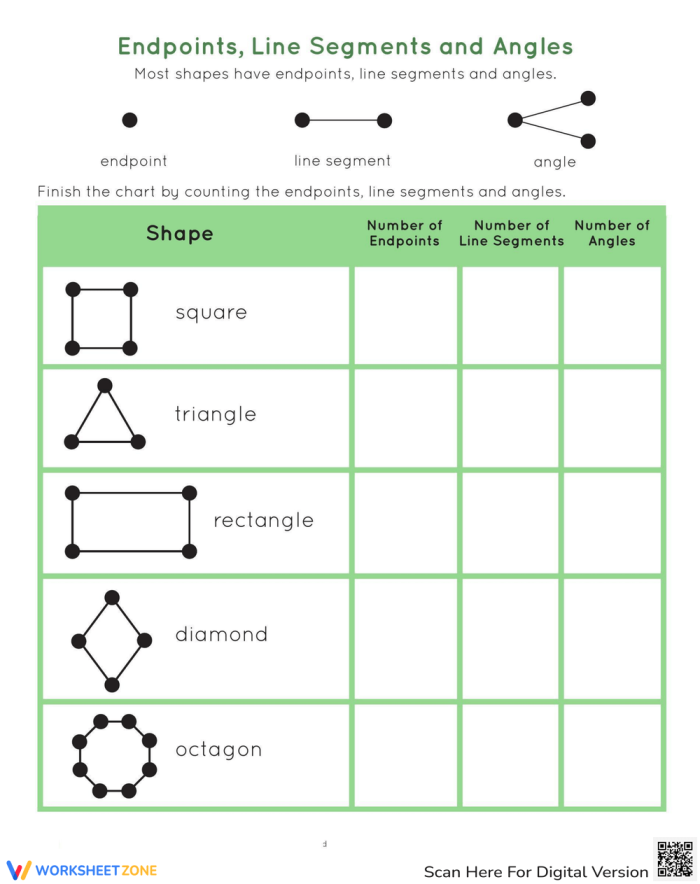 Shape Basics Lines Endpoints and Angles Worksheet 22 Second grade student counting sides and angles on a geometry worksheet about shape basics