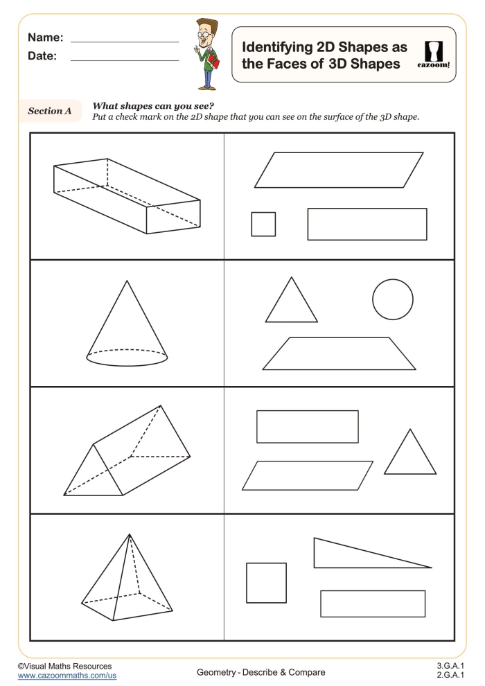 Second grade worksheet for identifying and naming various 2-D and 3-D geometric shapes