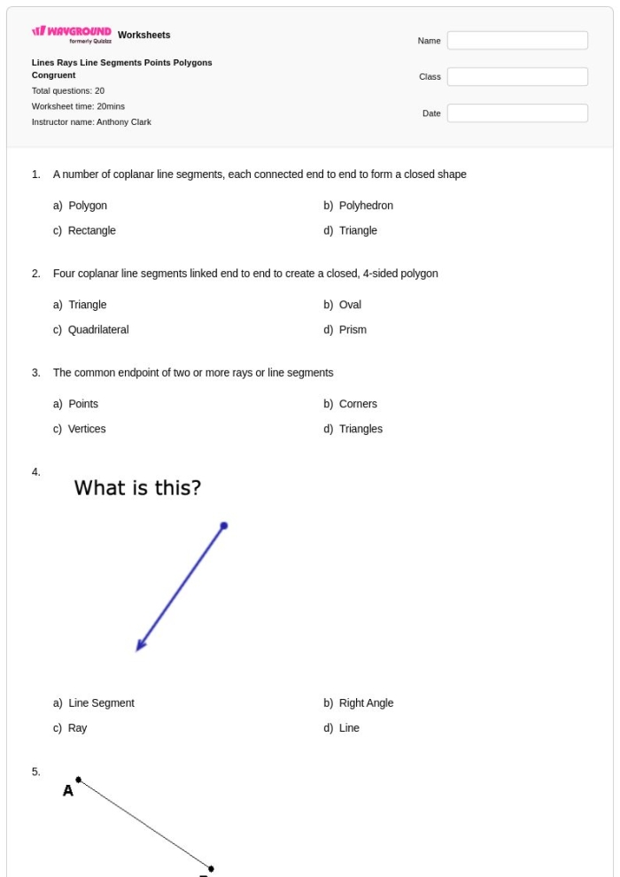 Second grade student completing a geometry study guide on line segments and symmetry