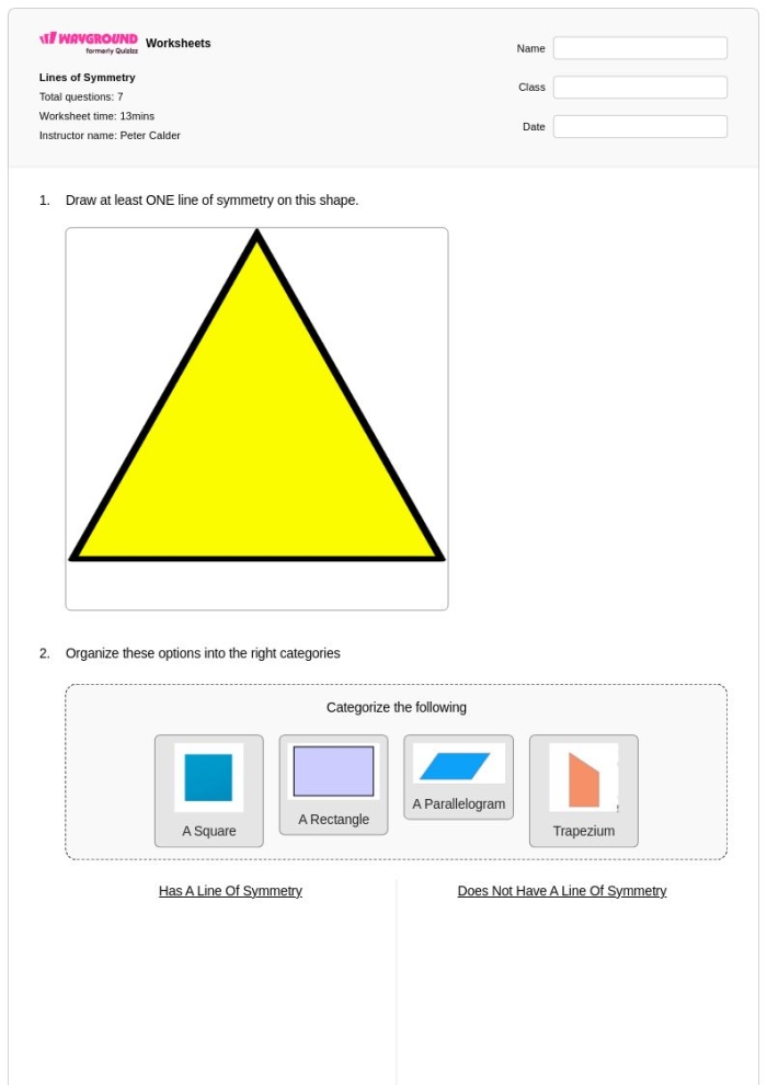 Worksheet for reviewing line segments and symmetry concepts for second graders