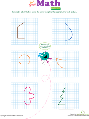 Second grade geometry study guide worksheet featuring line segments and symmetry exercises