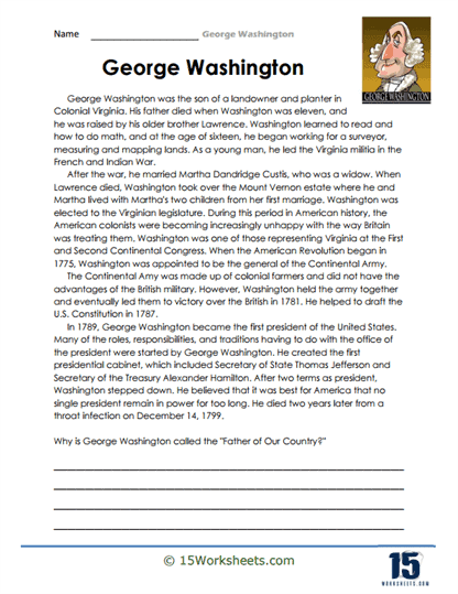 Second grade student completing a George Washington reading comprehension worksheet with data analysis