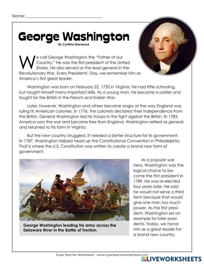 Second grade reading comprehension worksheet featuring historical facts and data analysis about George Washington