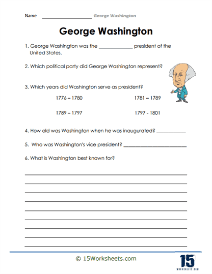 Second grade George Washington reading comprehension worksheet with data and graphing exercises
