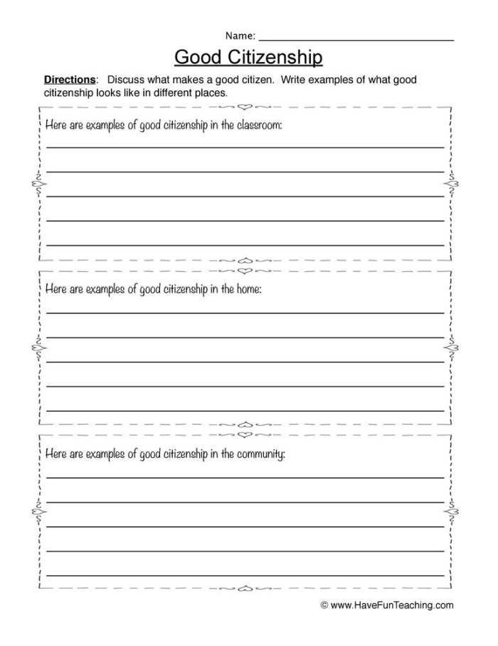 Second grade social studies worksheet illustrating examples of good citizenship through daily activities
