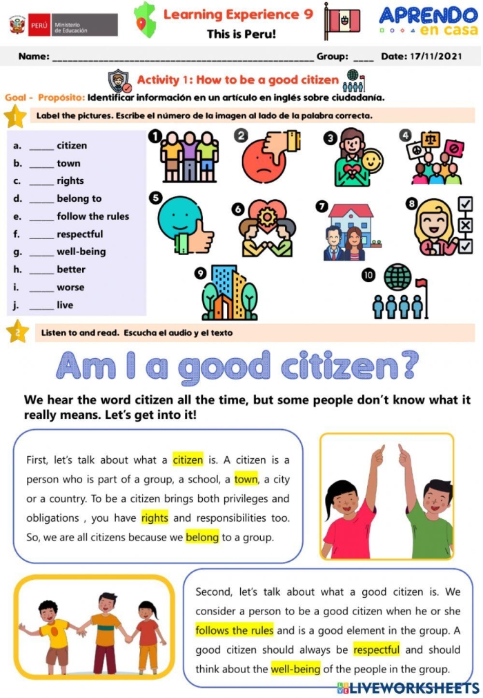 Second grade social studies worksheet about demonstrating good citizenship through community participation