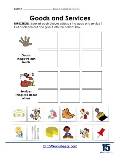 Examples of Goods and Services worksheet for second grade economics learning Image showing a colorful worksheet for second graders on goods and services with subtraction activities