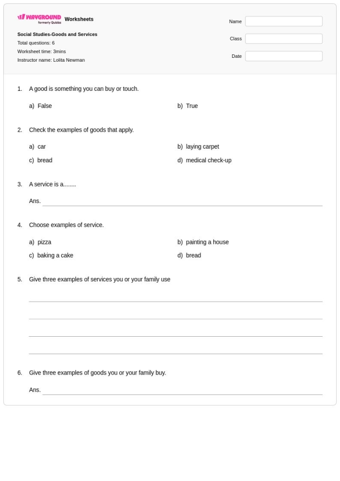 Engaging introduction to economics for children featuring goods and services activities Examples of Goods and Services worksheet for second graders focusing on subtraction concepts