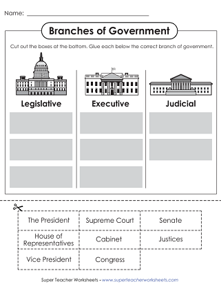 Second grade students learning about the three branches of government with a worksheet showing the legislative, executive, and judicial branches of the USA