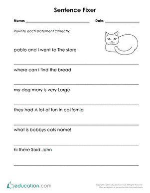Worksheet image showcasing sentence correction activities for improving punctuation and dialogue Sentence Fixer worksheet for second graders focusing on grammar correction skills