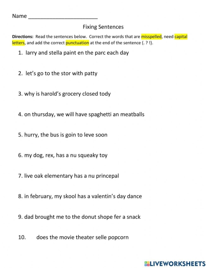Sentence Fixer Worksheet for Second Grade Grammar Practice 15 Second grade student working on a sentence fixer worksheet to correct punctuation and capitalization