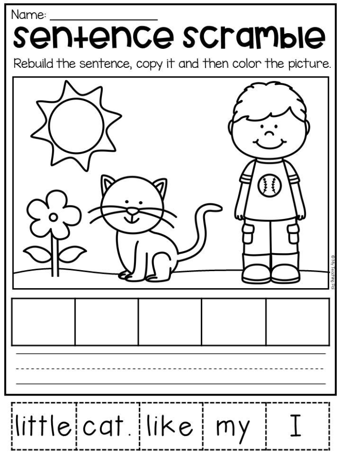 Second grade phonics worksheet featuring a sentence scramble activity for building grammar skills