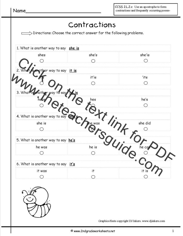 Crystal Clear Contractions worksheet for second grade grammar practice 08 Second grade students practicing grammar with a Crystal Clear Contractions worksheet