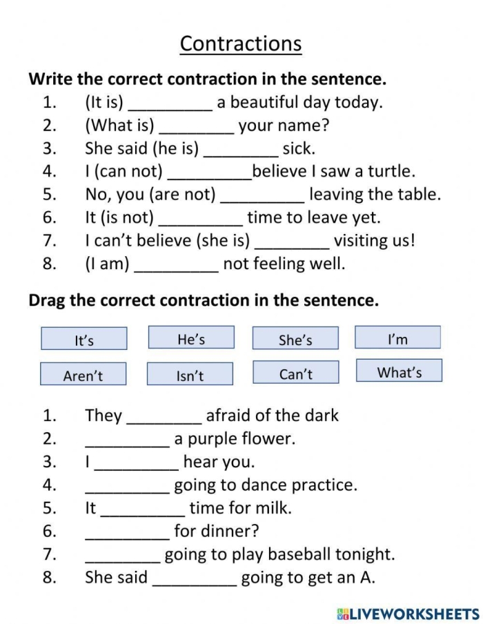 Crystal Clear Contractions Worksheet for 2nd Grade Grammar Practice 12 Second grade student practicing grammar by forming contractions on a Crystal Clear Contractions worksheet