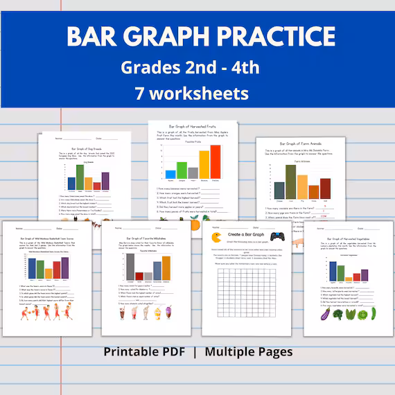 Graph Practice worksheet for second graders focusing on reading bar graphs and pictographs