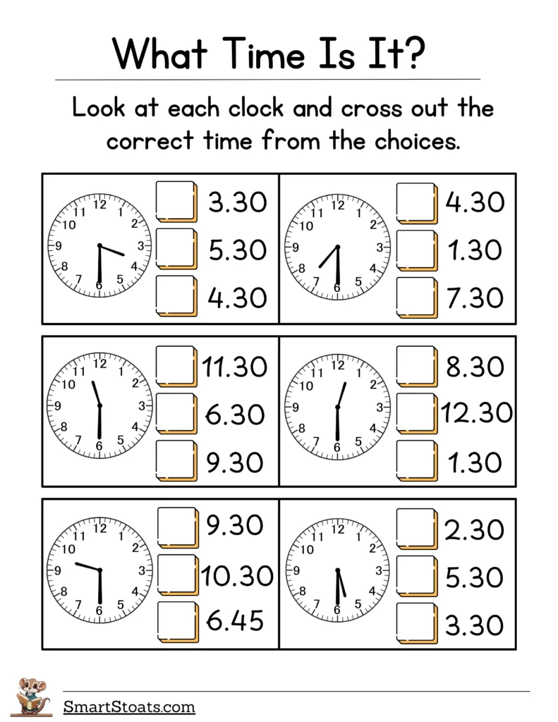 Telling Time: On the Half Hour worksheet for history class Worksheet for learning to tell time on the half hour for second graders