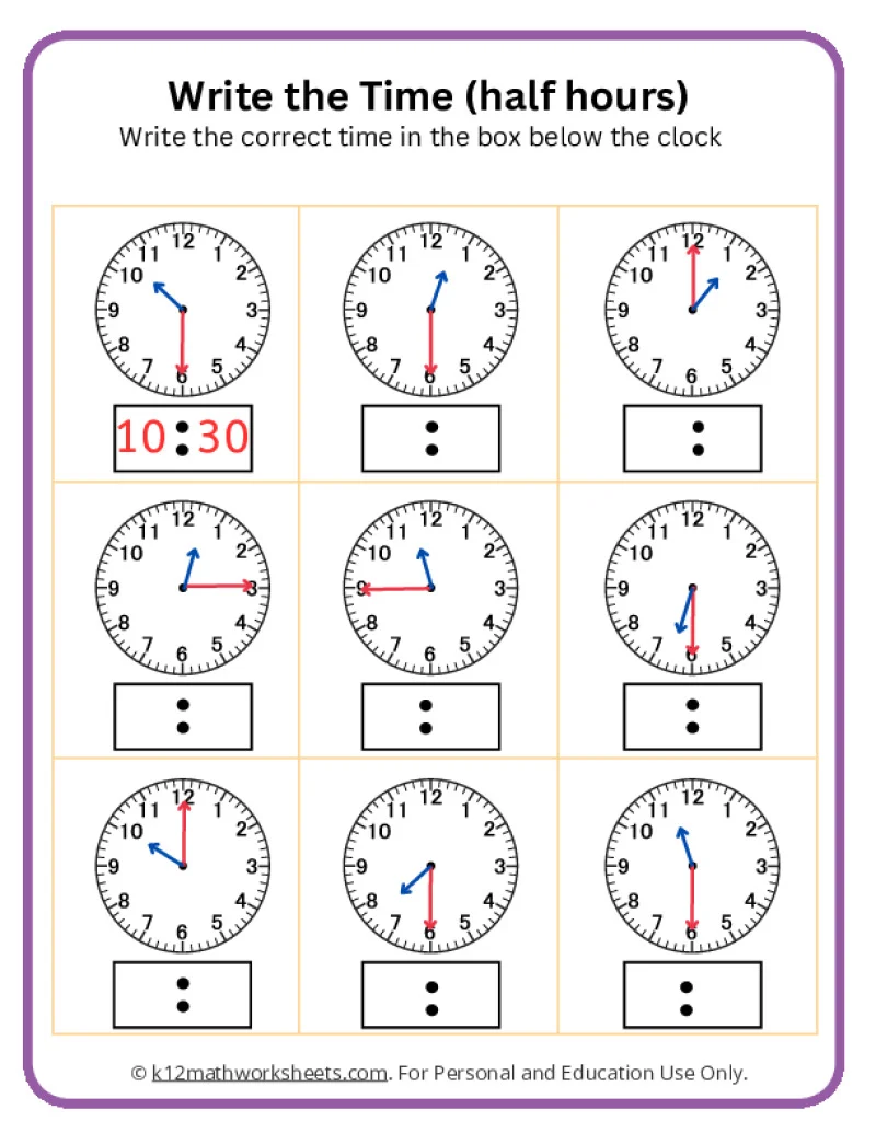 Telling Time on the Half Hour Worksheet Number 10 Second grade student using a worksheet to practice telling time on the half hour