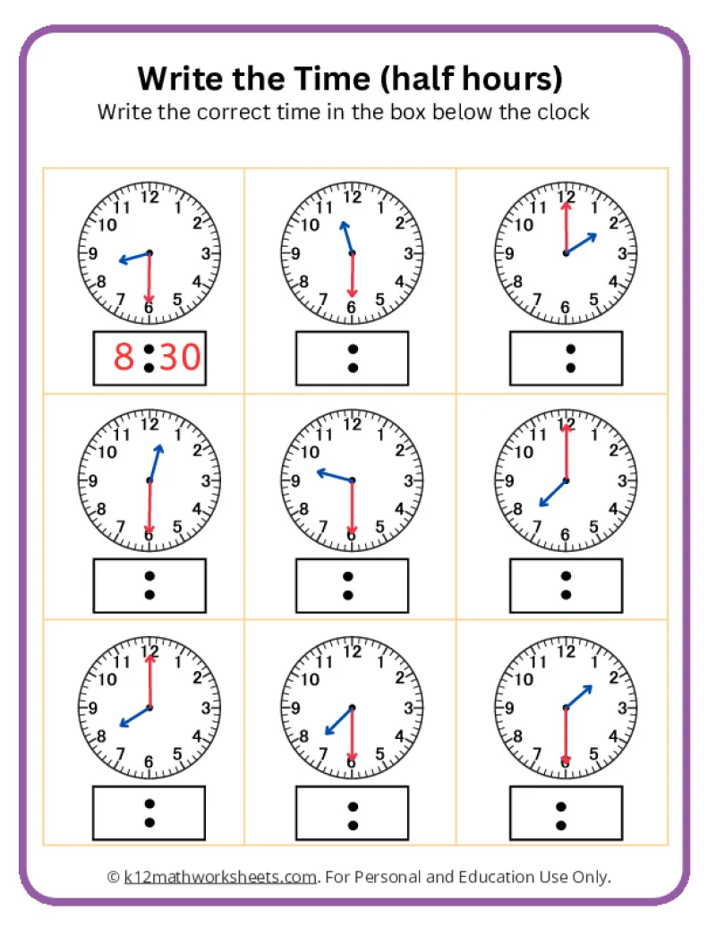 Telling Time on the Half Hour Worksheet Number 19 Second grade student practice worksheet for telling time on the half hour