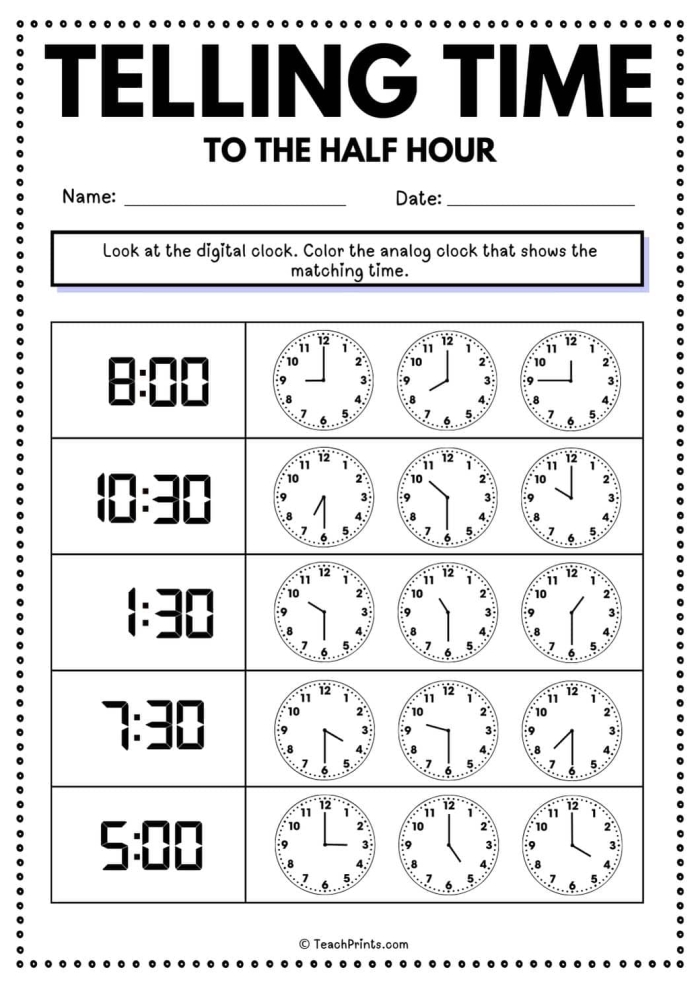 Telling Time on the Half Hour Worksheet for Second Grade 17 Second grade student practicing telling time on the half hour with a printable worksheet