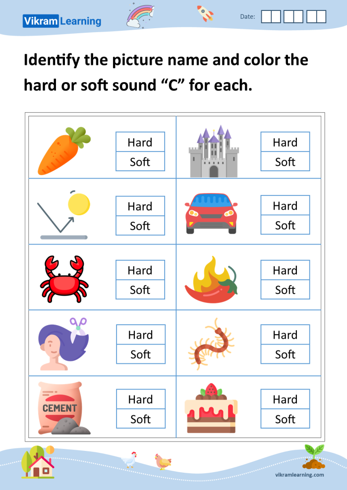 Hard and Soft C Consonant Sounds Sorting Activity for Kids Second grade worksheet for sorting hard "c" and soft "c" consonant sounds