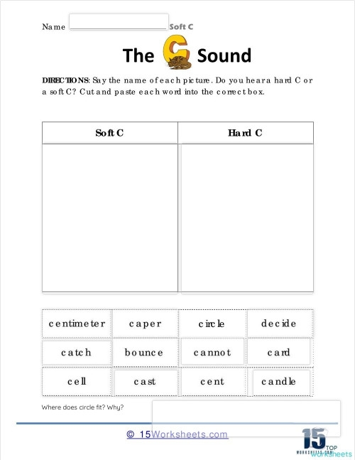 Visual guide for hard and soft C sounds practice in a second grade reading activity Second grade worksheet for sorting hard "c" and soft "c" consonant sounds, featuring examples like cookie and celery