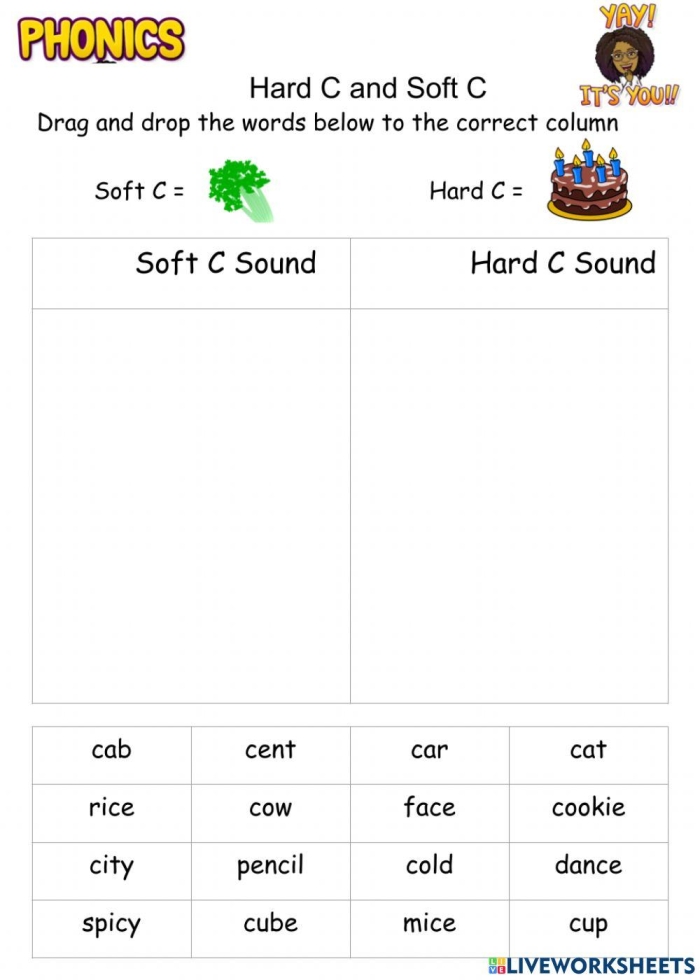 Sight Words worksheet for Second Grade Second grade worksheet for sorting hard and soft "c" sounds with examples like cookie and celery. Hard and Soft C Consonant Sounds Sorting Activity for Kids