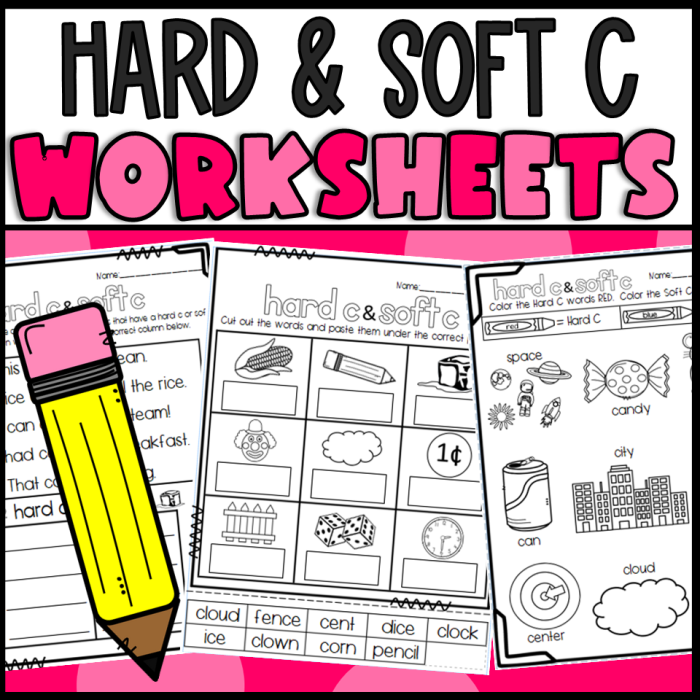 Second grade reading worksheet focusing on hard and soft "c" consonant sounds Students sorting initial consonant sounds into hard "c" and soft "c" categories on a second grade worksheet