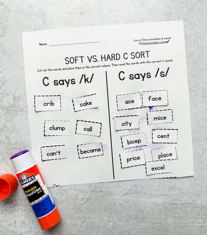 Educational resource image for Hard and Soft C worksheet, designed for second graders to enhance their sight word skills Second grade reading worksheet for sorting hard and soft 'c' sounds, featuring examples like cookie and celery