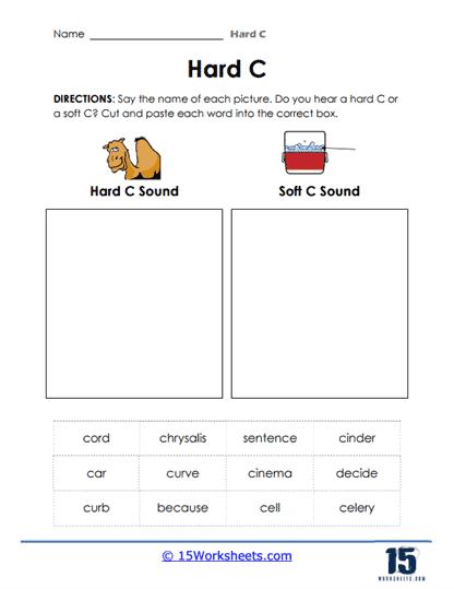 Educational image of a Hard and Soft C worksheet for sight words in second grade Second grade worksheet for sorting hard and soft "c" sounds, featuring examples like cookie and celery
