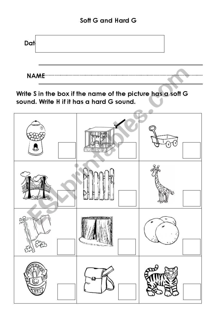 Second grade reading worksheet for sorting hard and soft 'g' sounds with examples. Hard and Soft G Consonant Sounds Sorting Activity for Kids