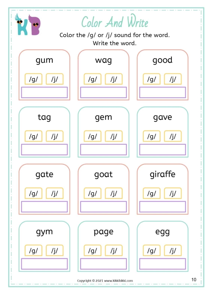 Second grade worksheet for sorting hard and soft "g" consonant sounds