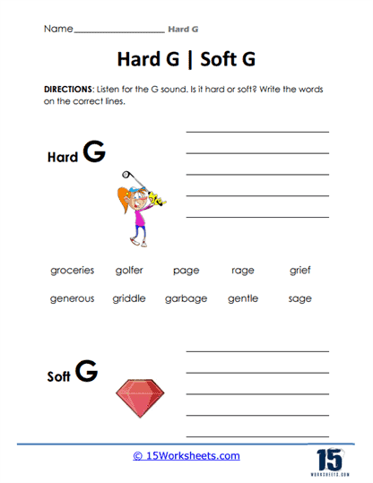 Second grade worksheet for sorting hard and soft "g" consonant sounds in words