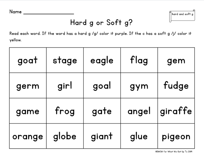 Second grade reading worksheet showing students sorting hard "g" and soft "g" consonant sounds