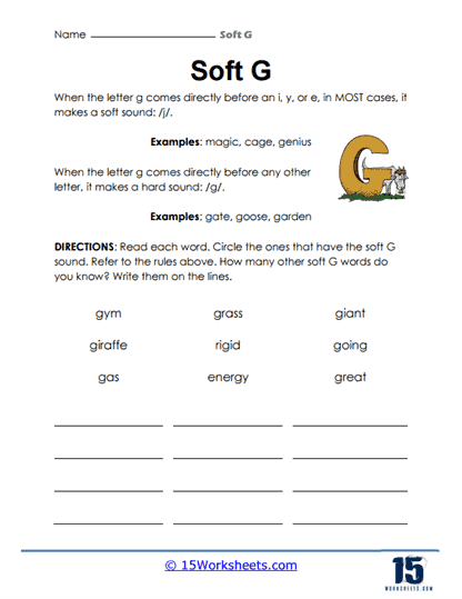 Second grade reading worksheet featuring hard and soft "g" consonant sound sorting