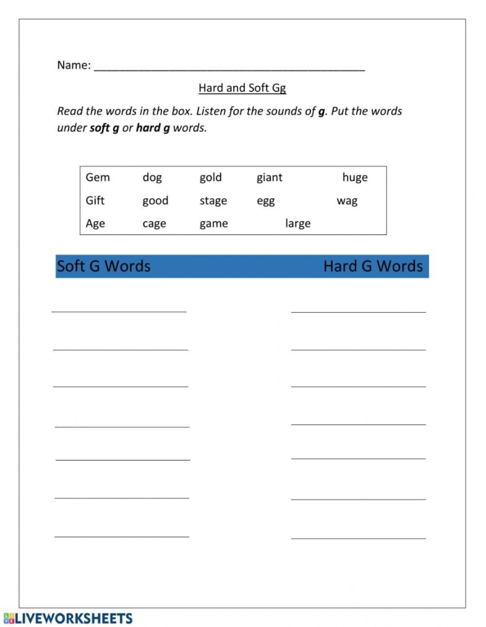 Second grade reading worksheet for sorting hard and soft "g" sounds, featuring examples like goose and giraffe. Worksheet image illustrating consonant sound classification for young learners.