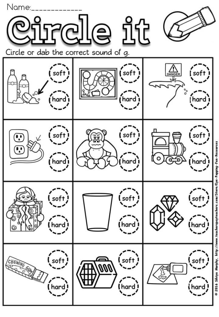 Second grade reading worksheet for sorting hard and soft "g" sounds, featuring examples like goose and giraffe