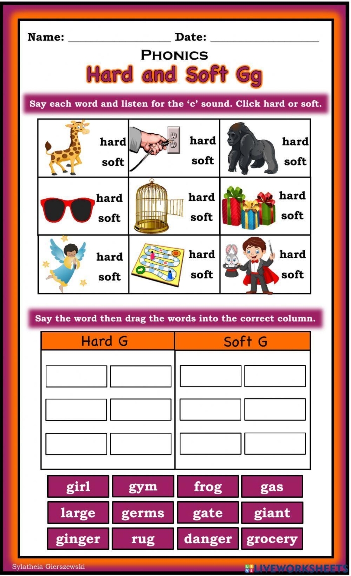 Second grade reading worksheet featuring hard and soft "g" sound sorting activities