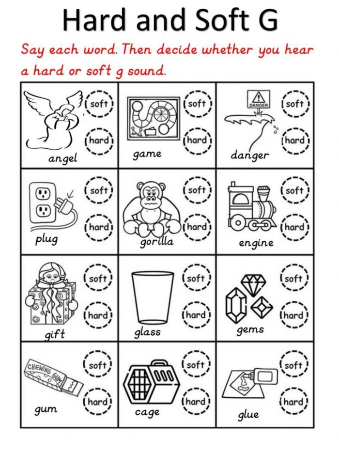 Second grade reading worksheet for sorting hard and soft "g" sounds, featuring examples like goose and giraffe. Hard and Soft G worksheet for second graders to practice consonant sounds.