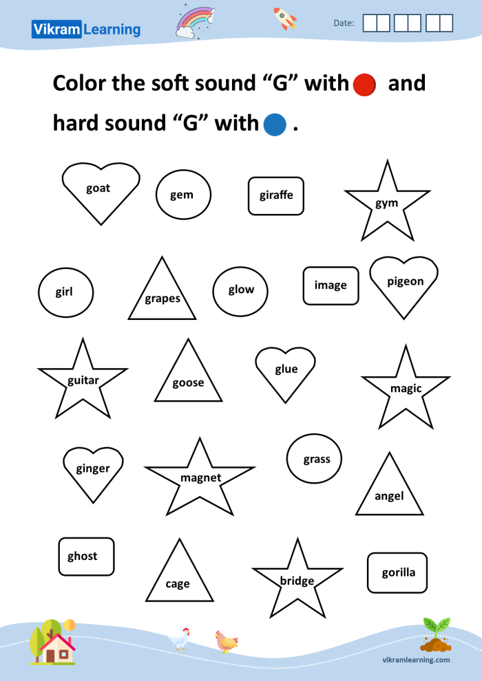 Worksheet for sorting hard and soft "g" consonant sounds for second graders