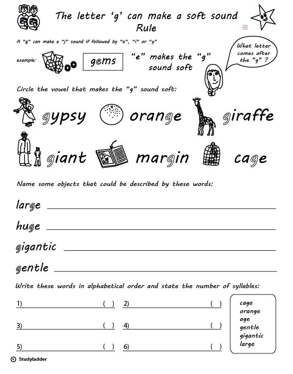 Second grade reading worksheet for sorting hard and soft "g" sounds, featuring examples like goose and giraffe