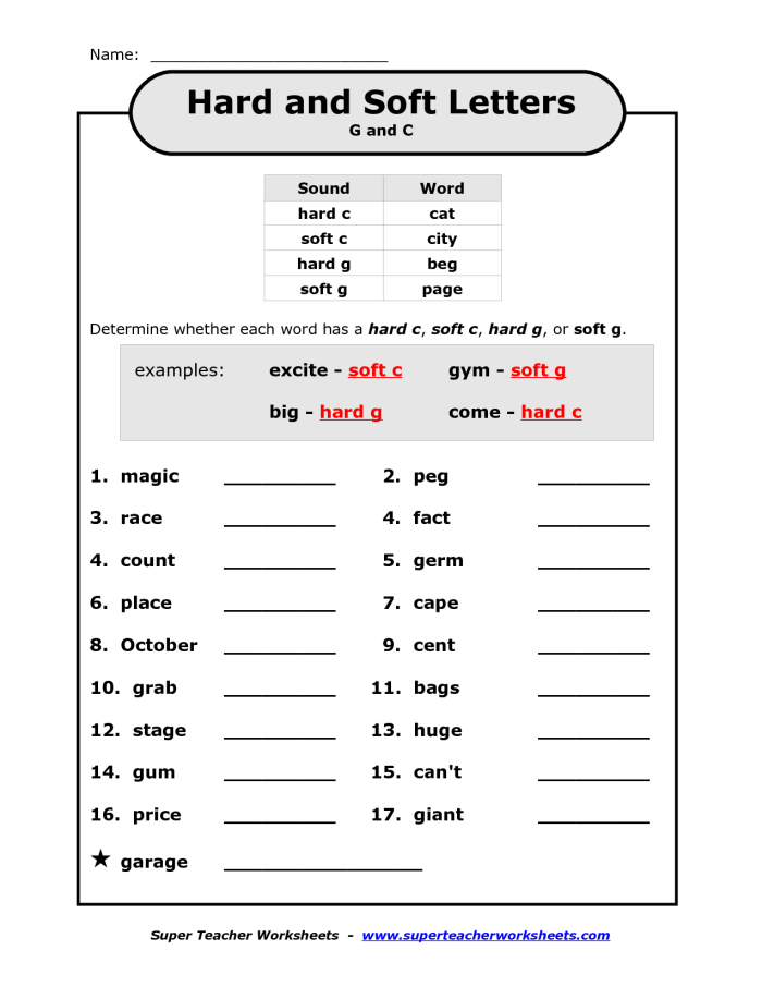 Second grade reading worksheet for sorting hard "g" and soft "g" consonant sounds