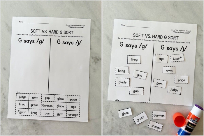 Second grade reading worksheet for sorting hard and soft "g" sounds with examples. Worksheet image 18 focusing on initial consonant sounds for young learners.