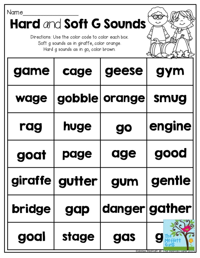Second grade reading worksheet for sorting hard and soft "g" sounds, featuring examples like goose and giraffe