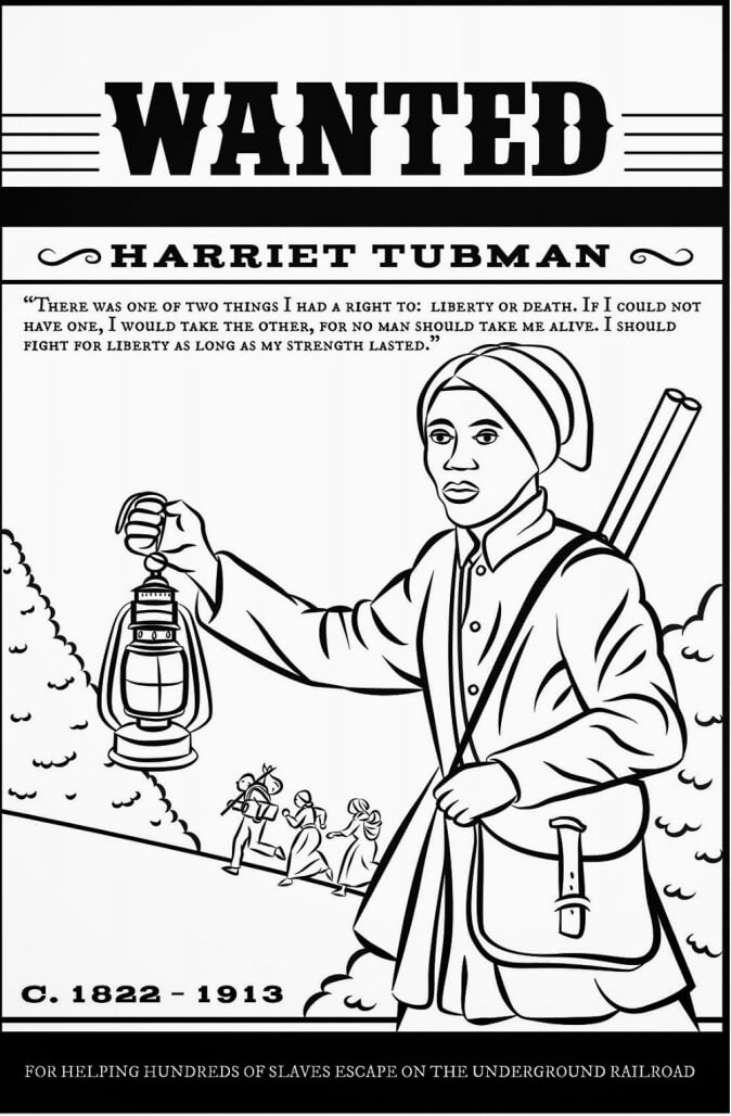 Coloring activity featuring Harriet Tubman, a key figure in the Abolitionist movement Harriet Tubman coloring page worksheet for second graders learning U.S. history