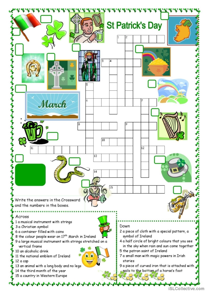 St. Patrick's Day Crossword Activity for Young Learners Second grade St. Patrick's Day crossword puzzle worksheet with green holiday themed clues and answers for grammar practice