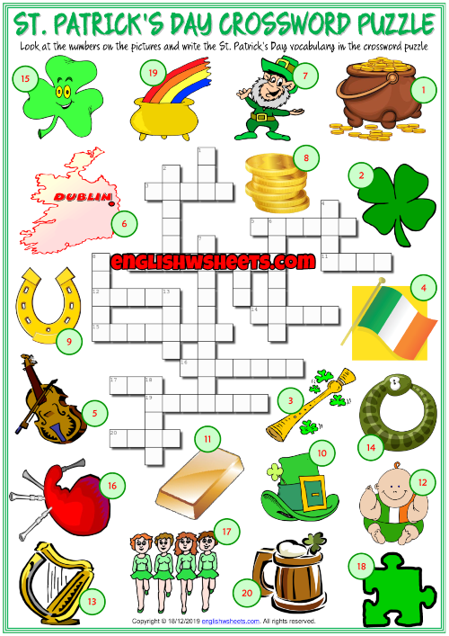 St. Patrick's Day themed crossword puzzle worksheet for second graders